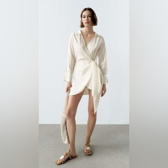 Zara Ivory Ecru Short Dress With Tie Detail Long Sleeve - Picture 1 of 9